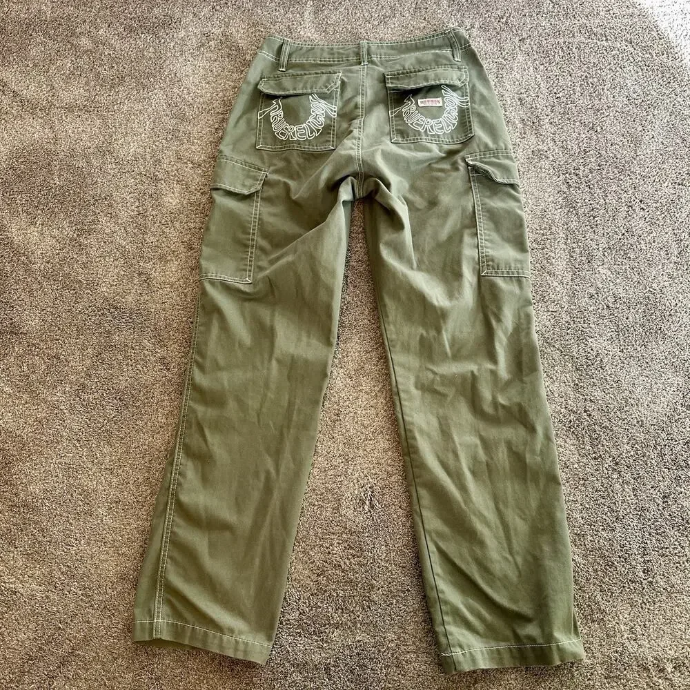 True Religion Green Cargo Pants Mens 30x32 Corpcore Grunge Punk Y2K Style Baggy