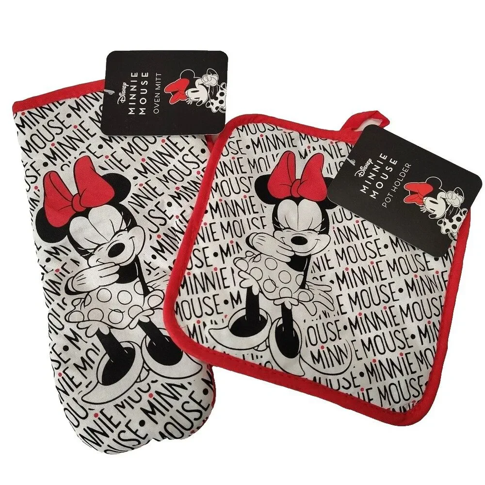 Disney Minnie Mouse Oven Mitt Pot Holder Red Black White 2 Pieces