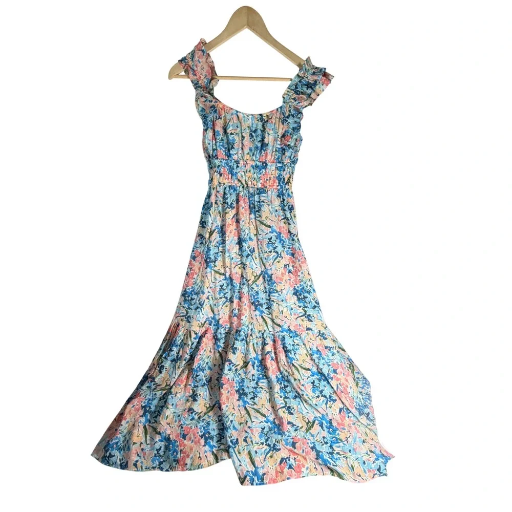 Abercrombie & Fitch Floral Smocked Maxi Dress‎ Blue Pink Ruffle XS 159D2300