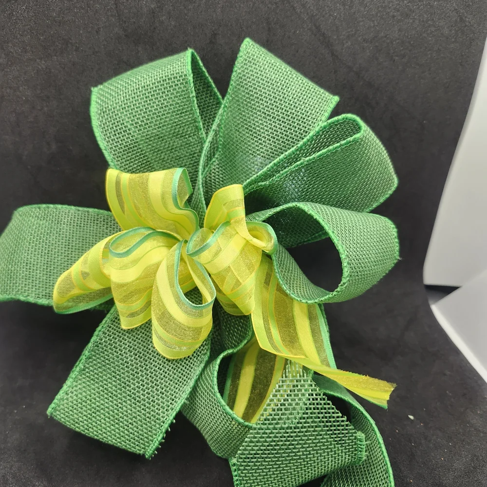 Hand Crafted Green & Yellow Hair Bow Barrette Clip Colorful Hair Accessory