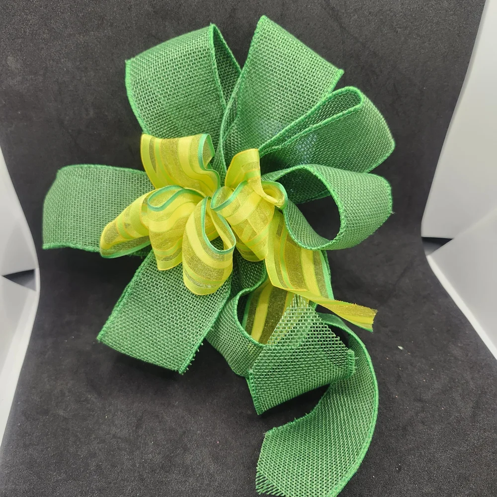 Hand Crafted Green & Yellow Hair Bow Barrette Clip Colorful Hair Accessory