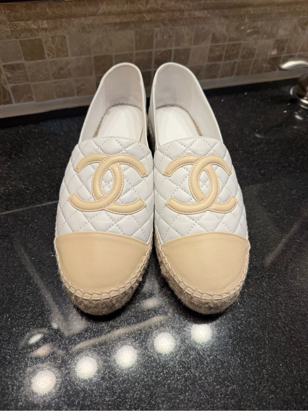 CHANEL White Quilted Espadrilles with Beige Cap Toe and CC Logo