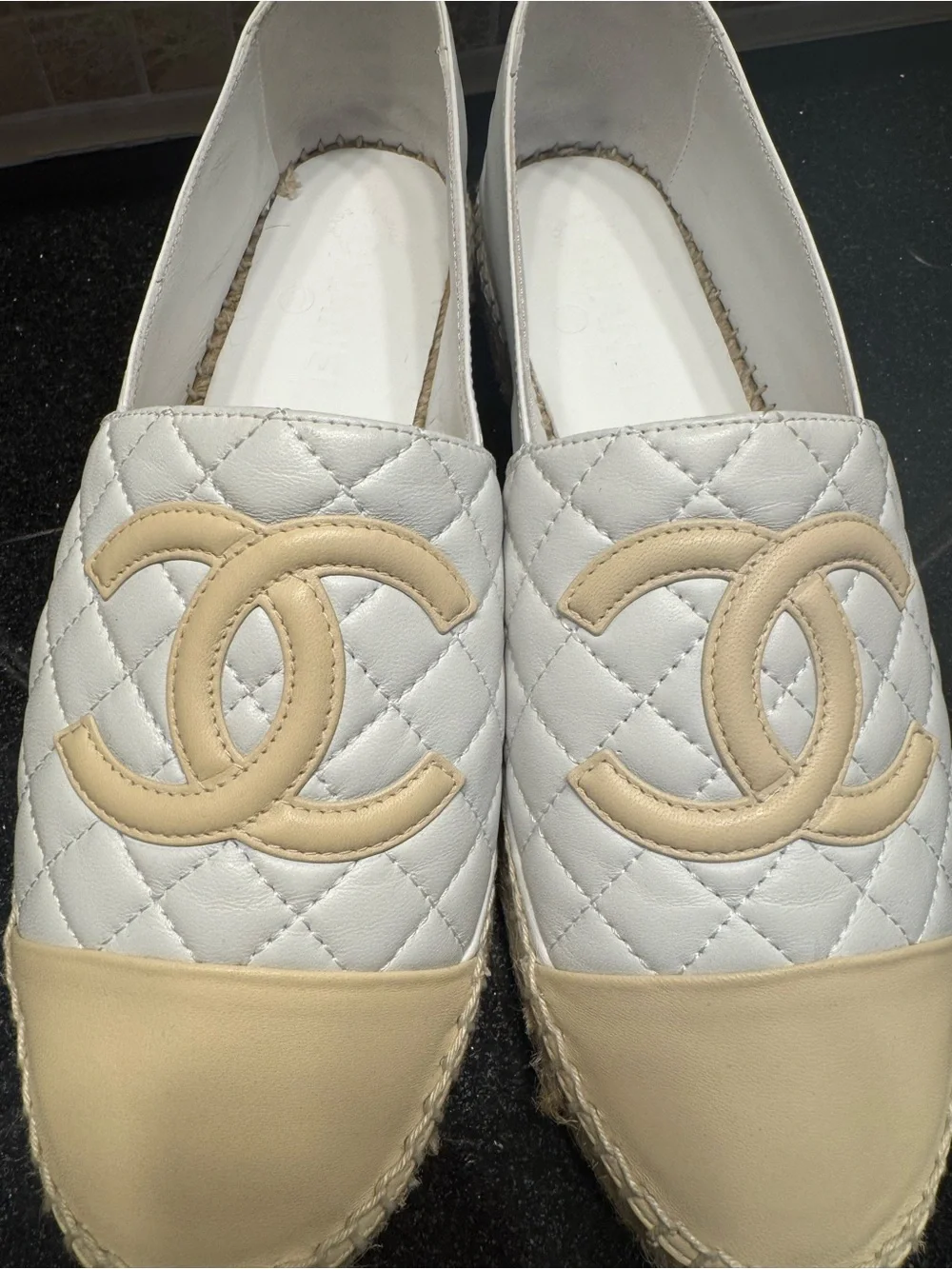 CHANEL White Quilted Espadrilles with Beige Cap Toe and CC Logo