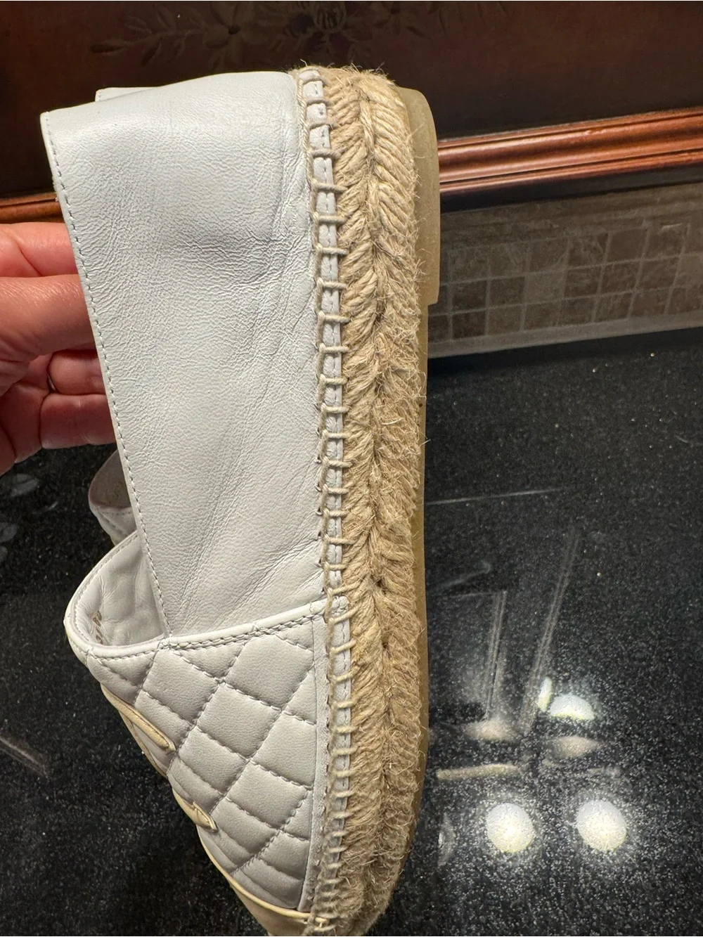 CHANEL White Quilted Espadrilles with Beige Cap Toe and CC Logo