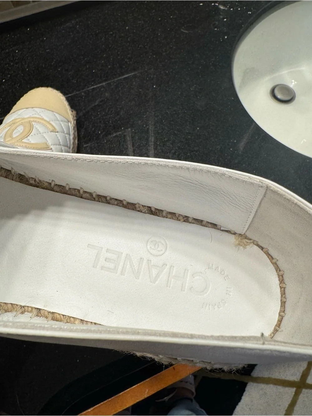 CHANEL White Quilted Espadrilles with Beige Cap Toe and CC Logo