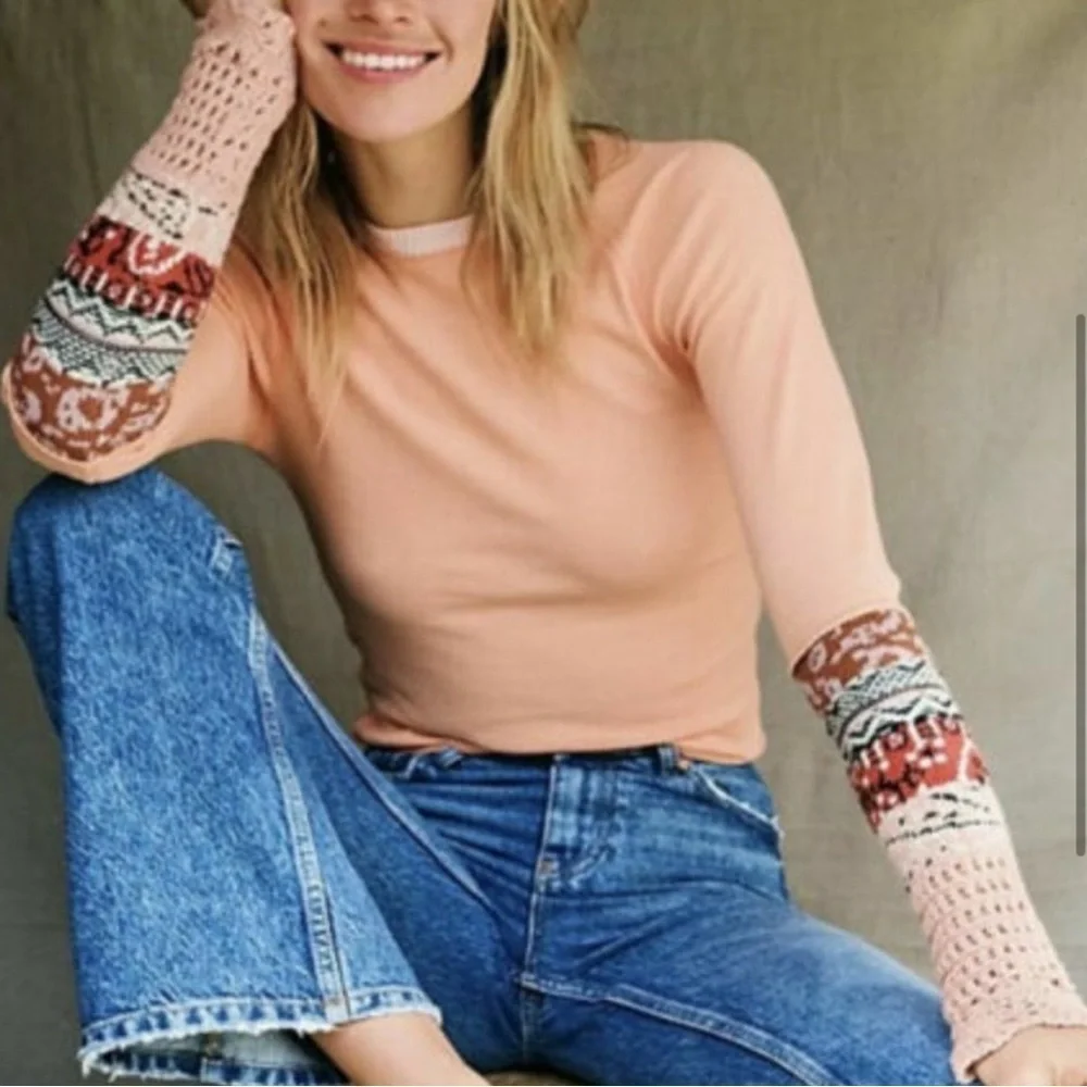 Free People BohoThermal Cuff Tee Rio Orange Long Sleeve Women Size Medium
