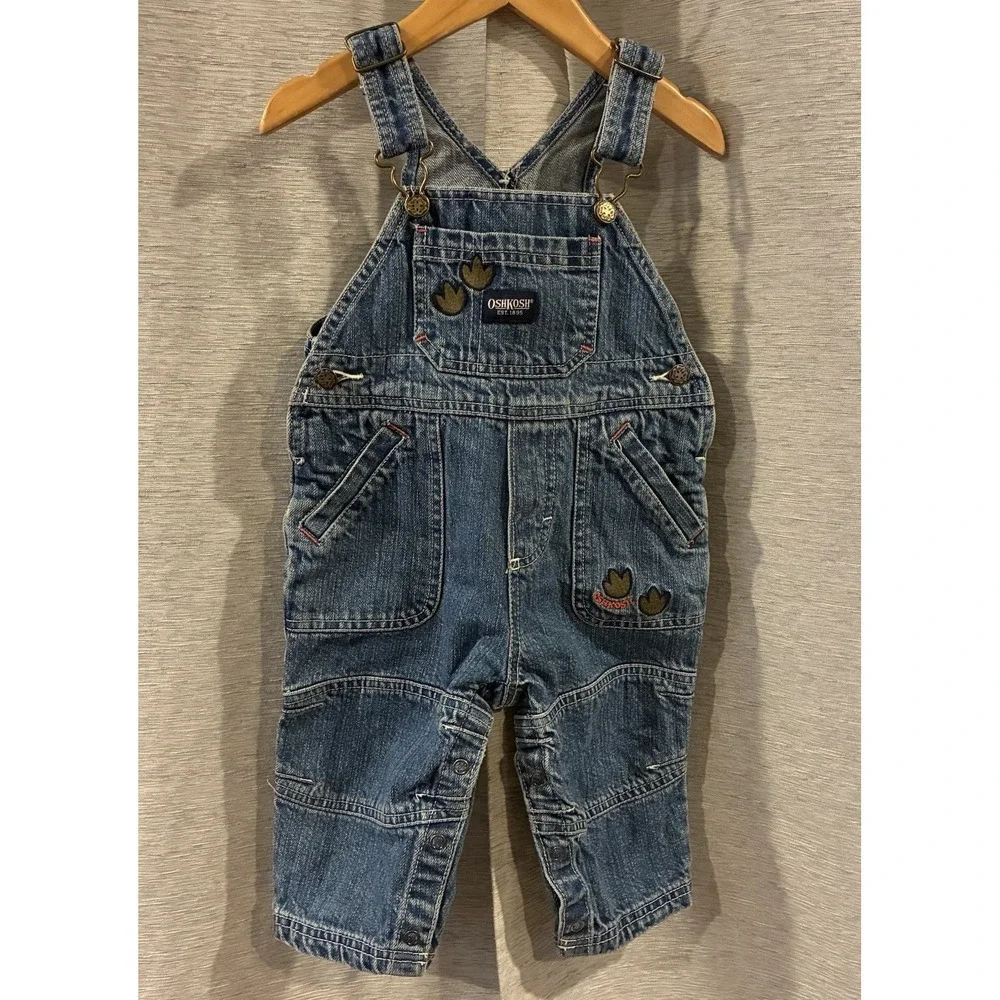 Oshkosh Boys Denim Overalls Dinosaur Embroidered Size 12 Months
