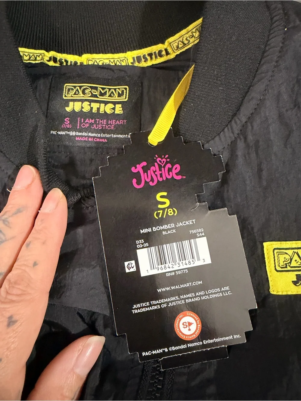 Justice Black Mini Bomber Jacket with Yellow Pac-Man Accents