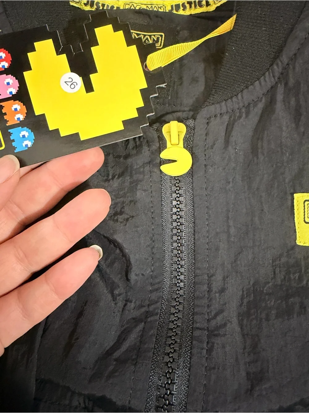 Justice Black Mini Bomber Jacket with Yellow Pac-Man Accents