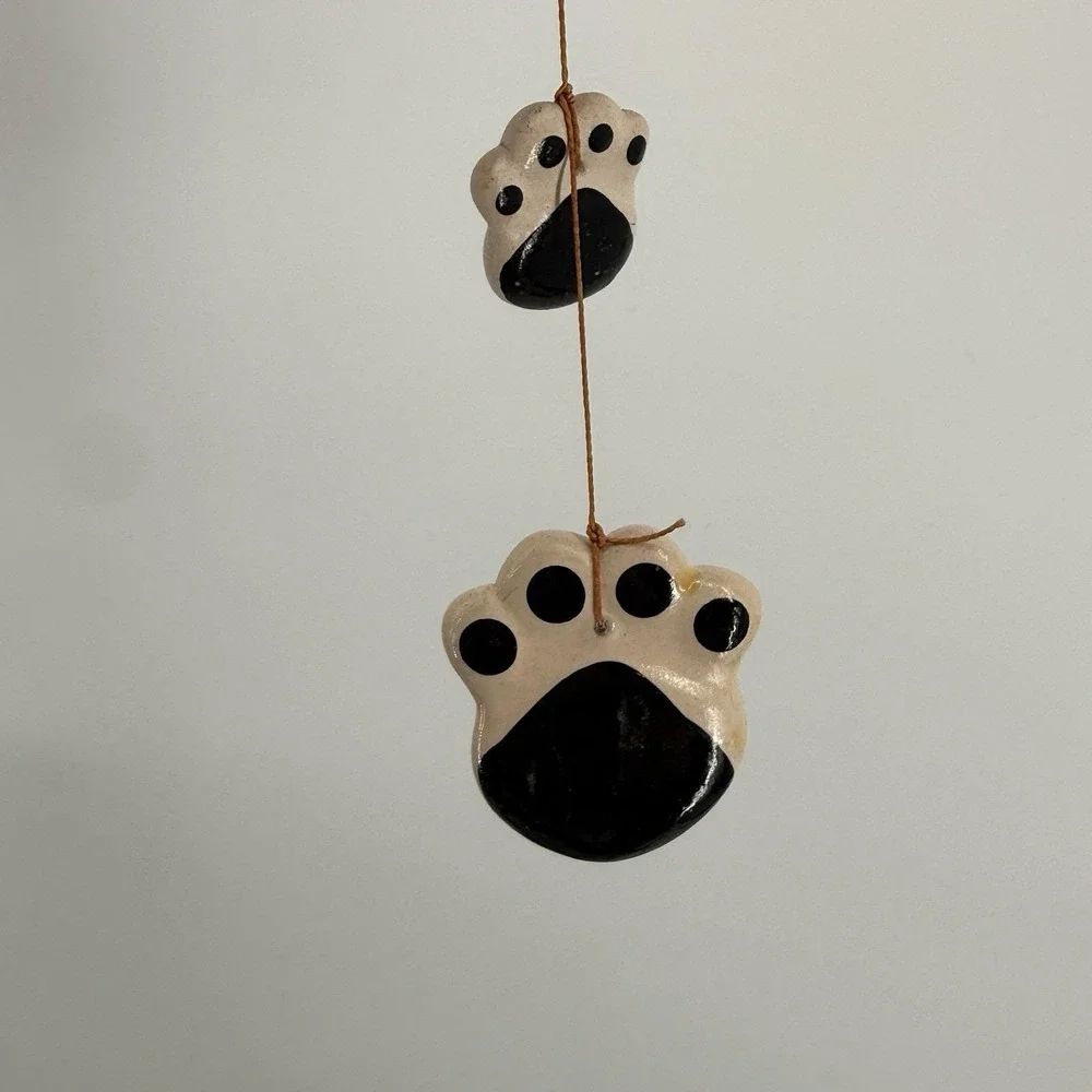 Clay Hand painted Orange Cat Figure & Paws Wind Chime Hanging Decor 2 FT‎