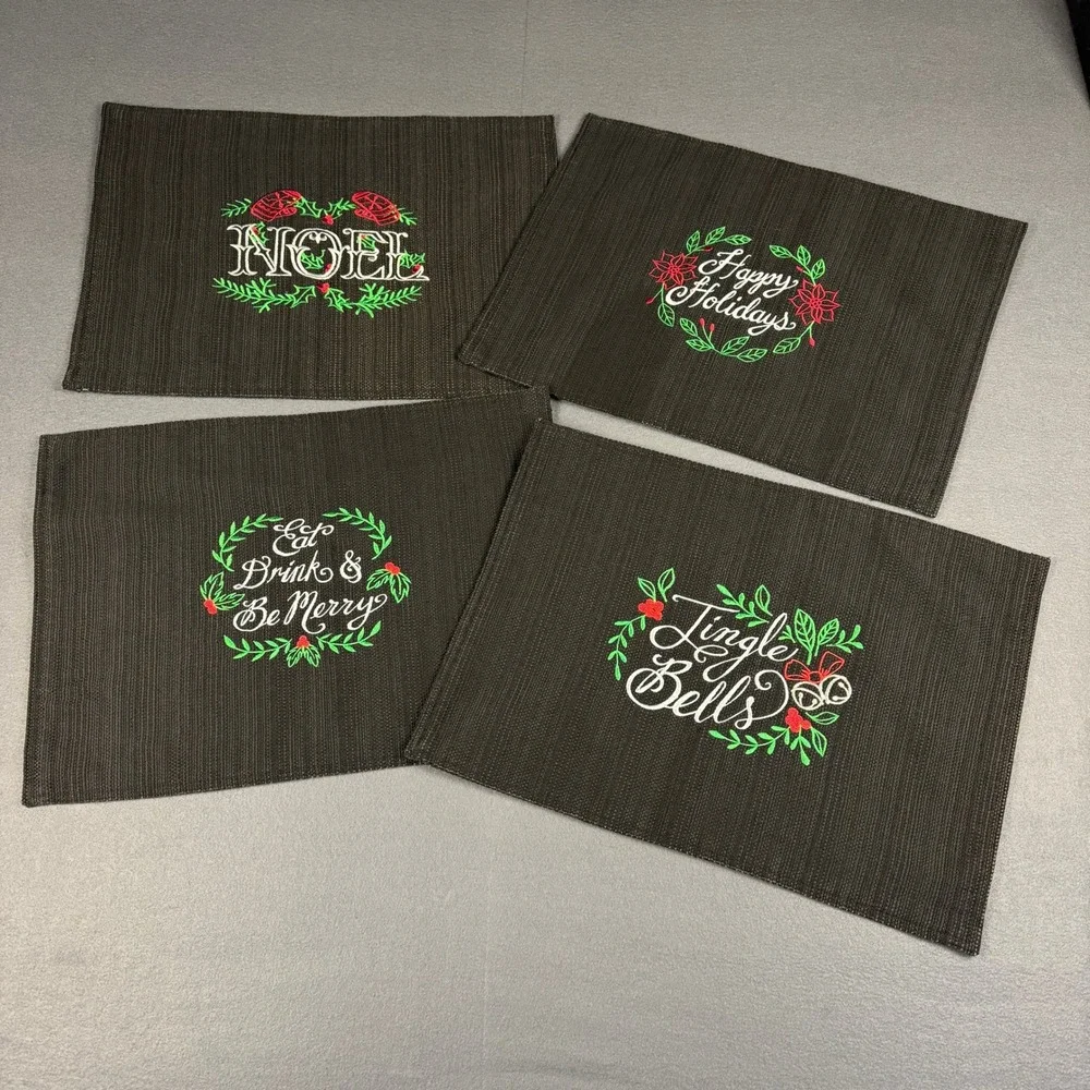 Lot of 4 Christmas Black Dark Fabric Rectangular Placemats Cursive Metallic READ
