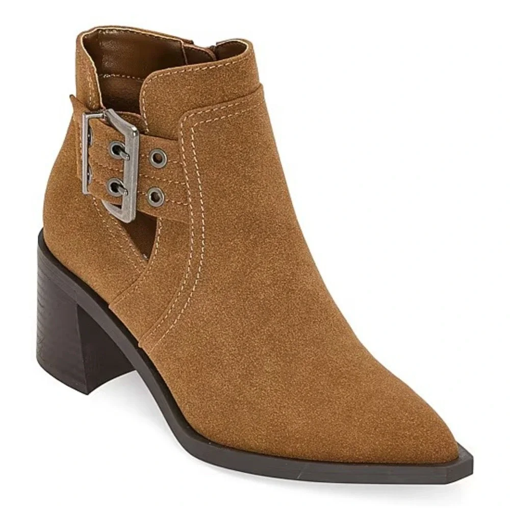A.n.a Womens Shadow Stacked Heel Booties Tan Buckle Ankle Boots Size 8 Medium