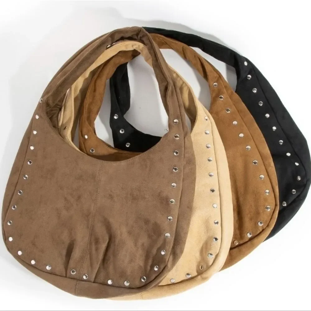 Comfy Casual Cute Cowgirl's Silver Stud Trim Suede Hobo Bag - Black Brown Khaki