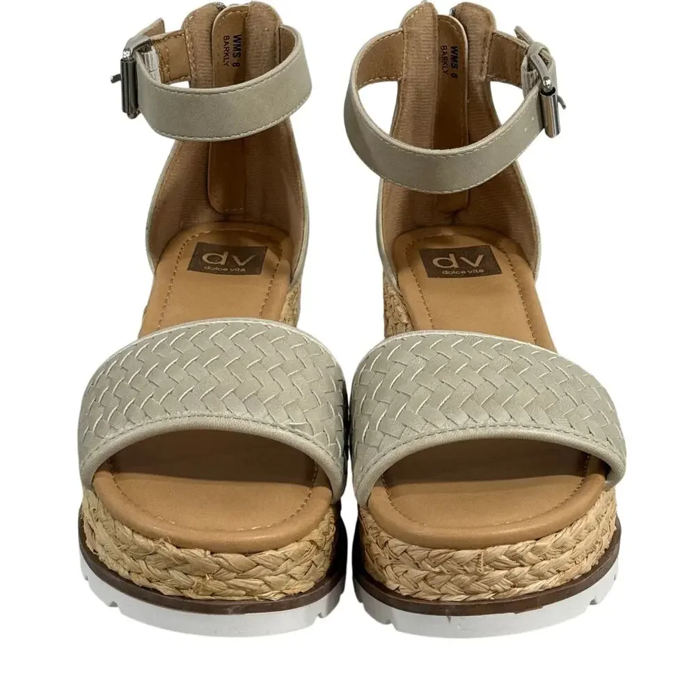DV Dolce Vita Barkly Espadrille Platform Wedge Sandals Stone Woven Ankle Strap 8