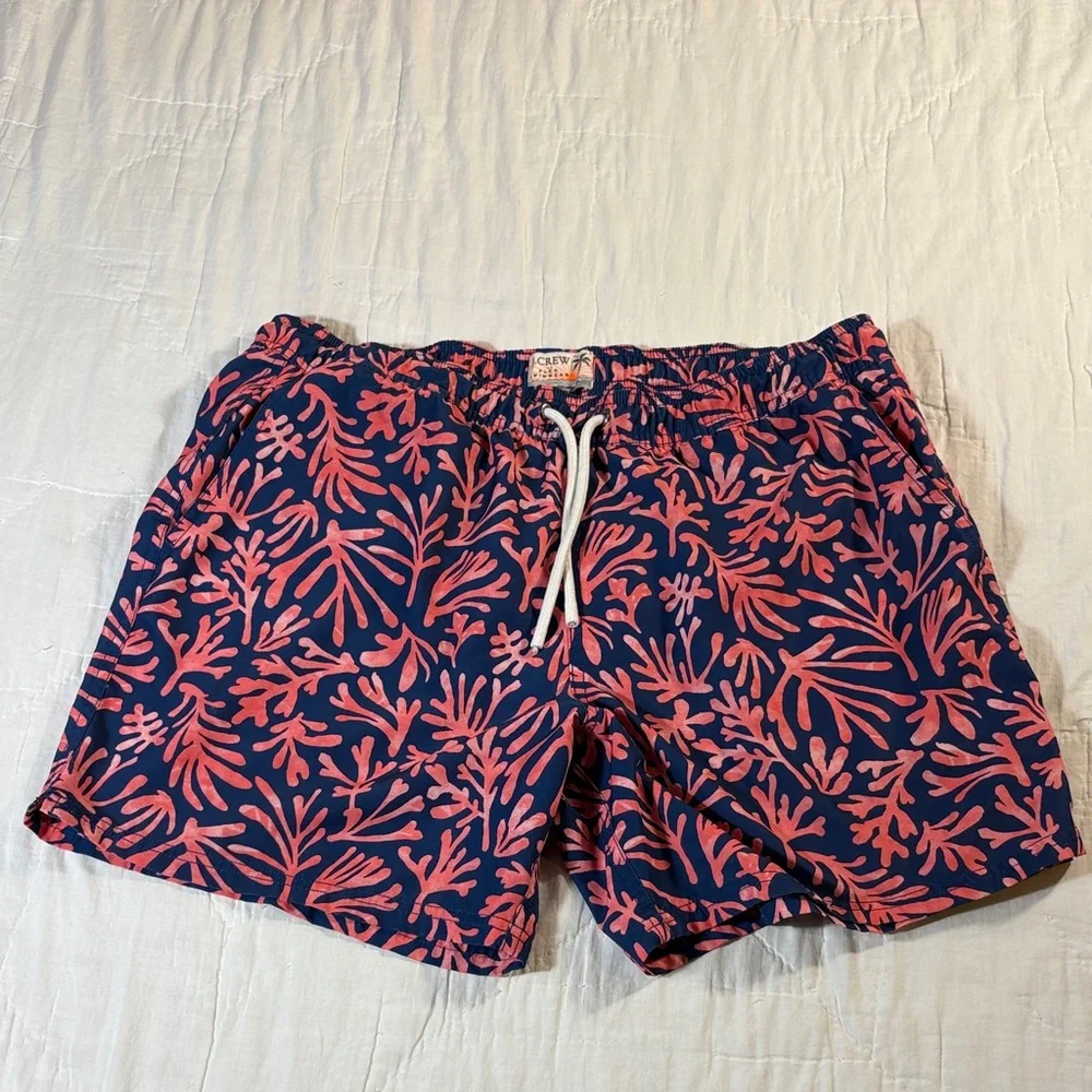Men’s J. Crew Coral Branch Print Swim Trunks‎ Navy & Pink Size Large