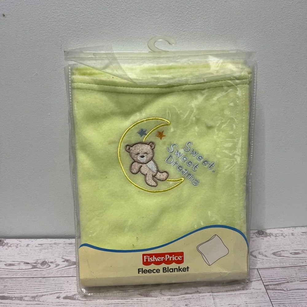 VTG Fisher-Price Fleece‎ Baby Blanket Green Teddy Bear Moon Sweet Dreams 2005