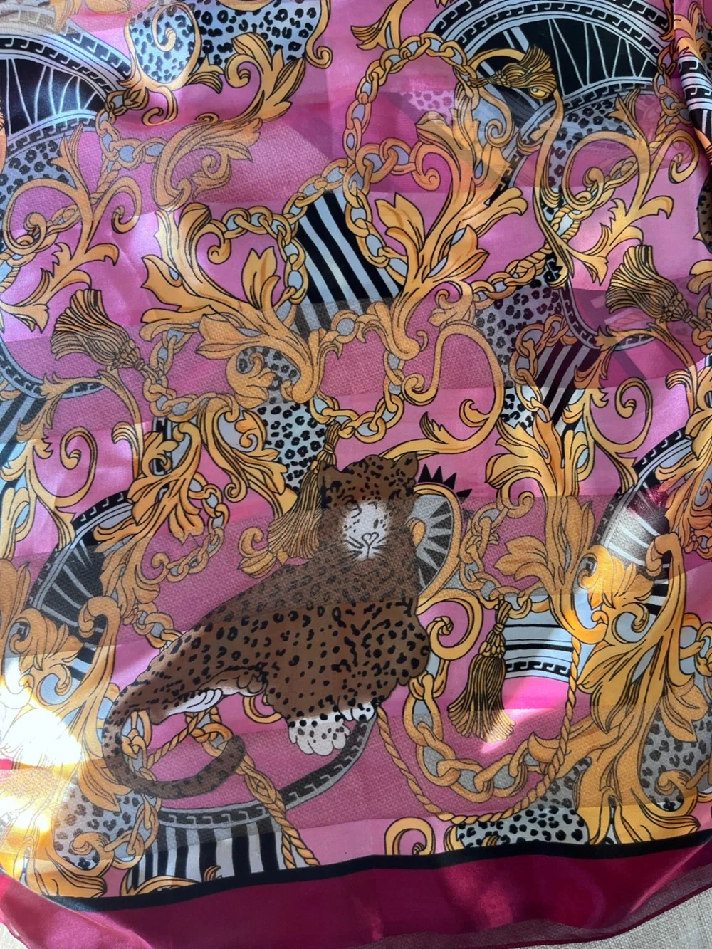 Silk-Feel Leopard Scarf in Plum and Gold 37.5 square