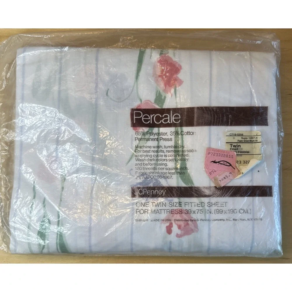 Vintage Percale Tulip Festival Twin‎ Fitted Sheet JCPenney Floral Grandma Core