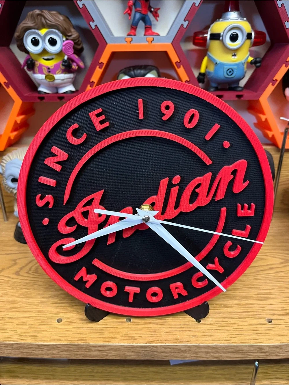 Indian Motorcycle-Inspired Black and Red Wall Clock with White Hands