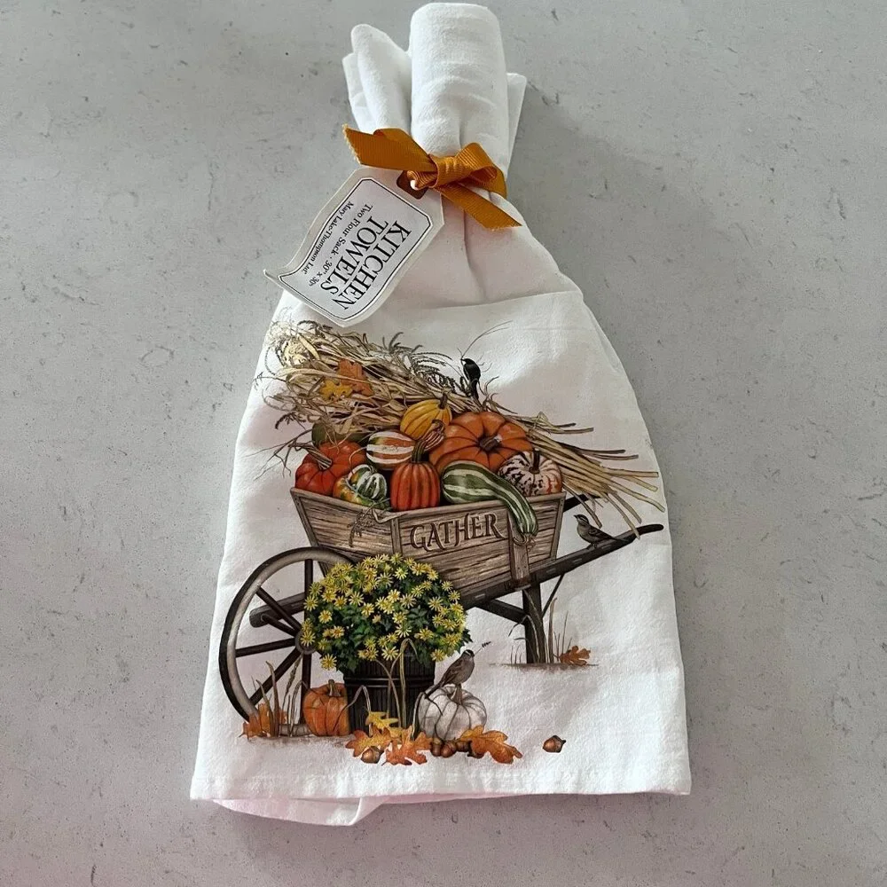 NEW 2 Kitchen Tea‎ Dish Towels “gather” thanksgiving towel 100% Cotton