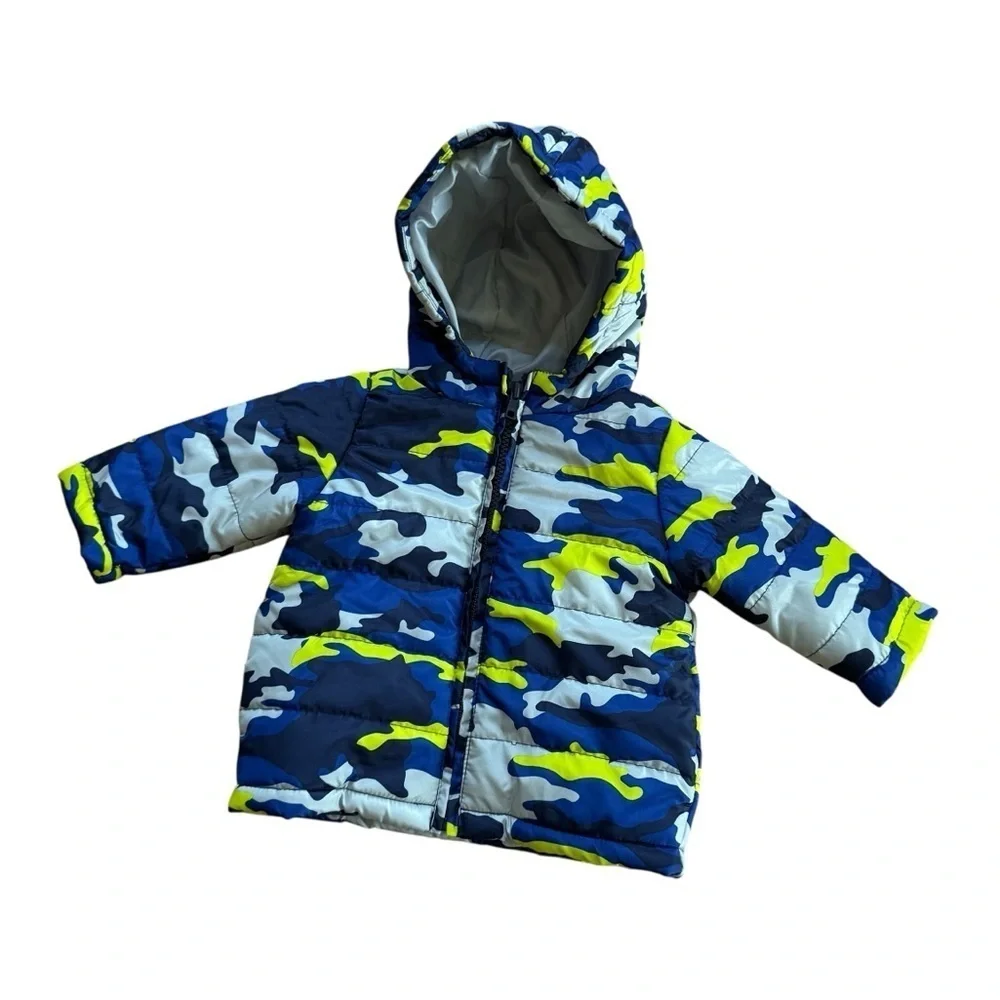 Gymboree Blue Camo Puffer Jacket Coat Hooded Full zip Baby Boy 6-12M