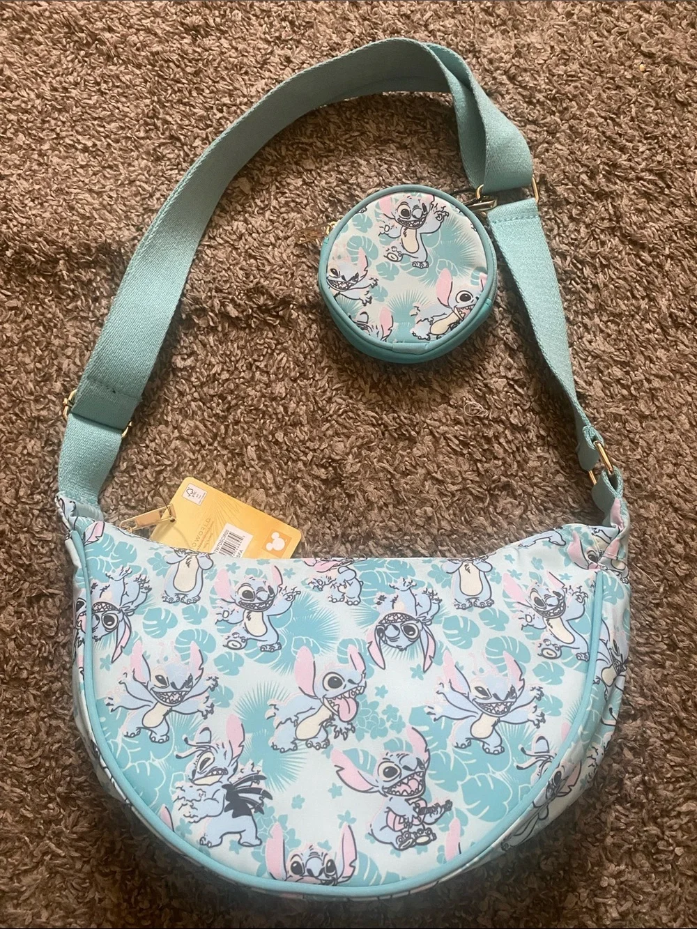 Bioworld Aqua Blue Stitch Character Crescent Crossbody with Coin Pouch