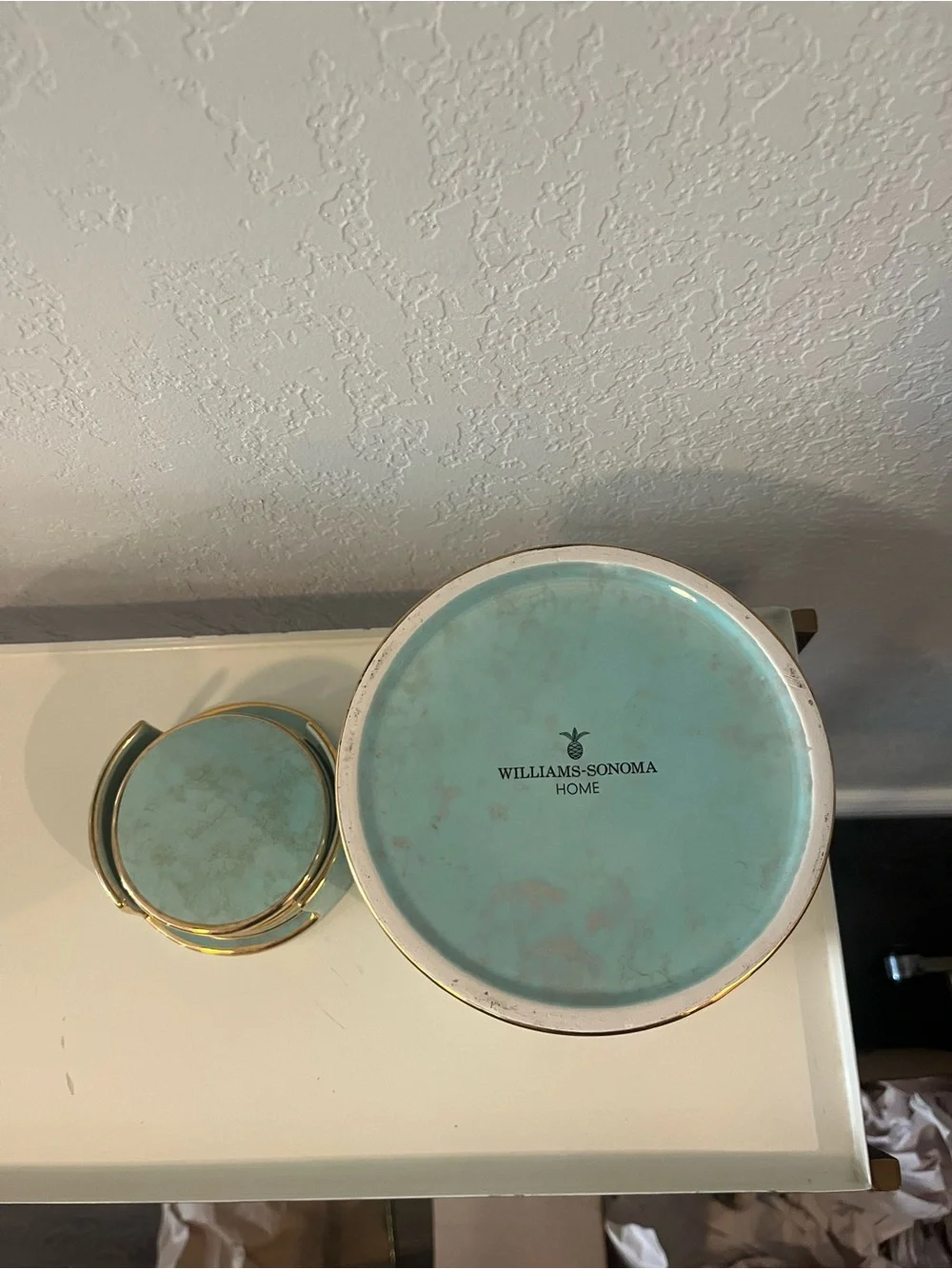 Williams Sonoma Aerin Turquoise Ice Bucket W/ 24kt Gold  Trim +Coasters