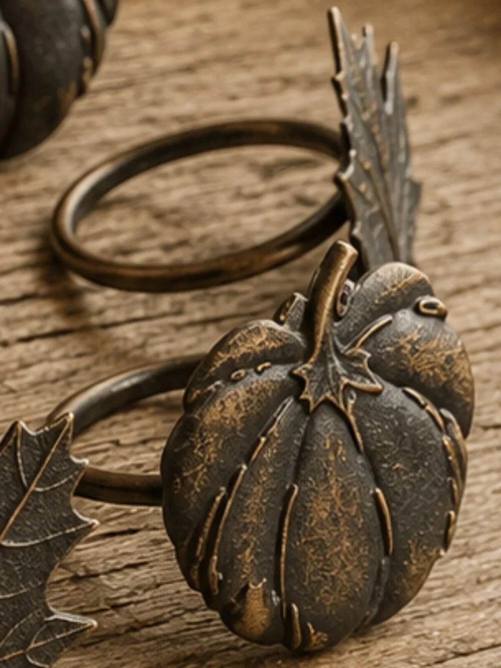 Set of 8 Vintage Bronze Finish Pumpkin & Maple Leaf Fall Napkin Ring Holders
