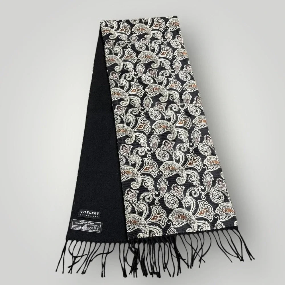 Chelsey By Joseph Scarf Mens‎ One Size Black Wool Paisley Fringe Winter France