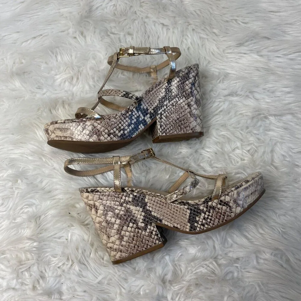 Kate Spade Venezia Heels 7.5 Tan Snake Print Strappy Platform Open Toe Italy
