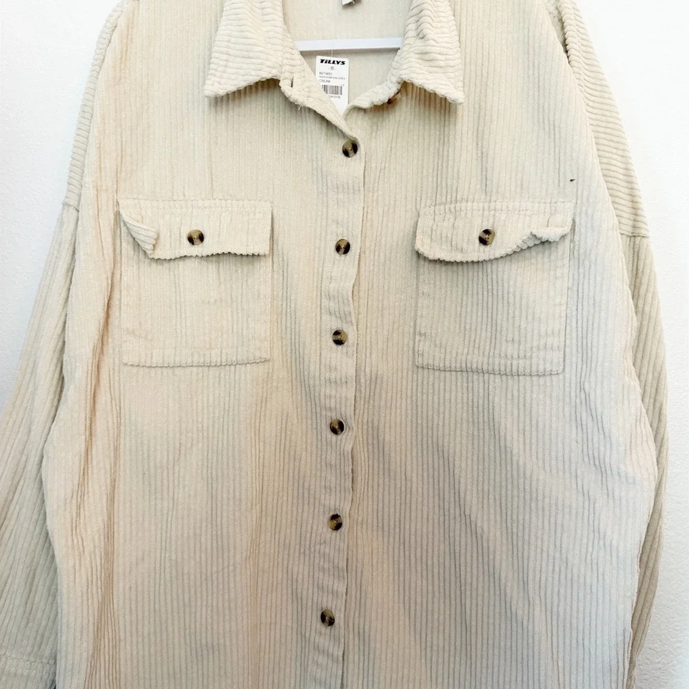 RSQ Mens Cream Wide Wale Corduroy Button Down Shirt Raw Hem XL Oversized Shacket