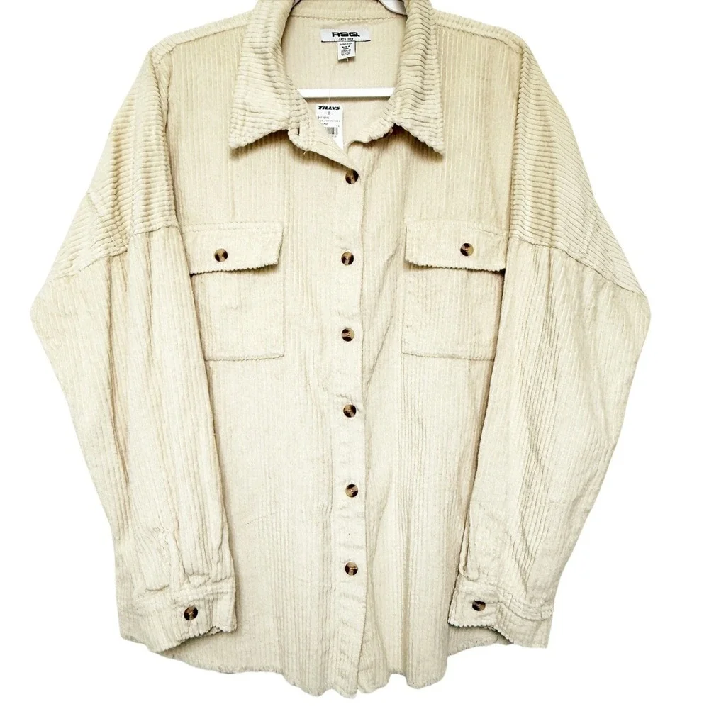 RSQ Mens Cream Wide Wale Corduroy Button Down Shirt Raw Hem XL Oversized Shacket