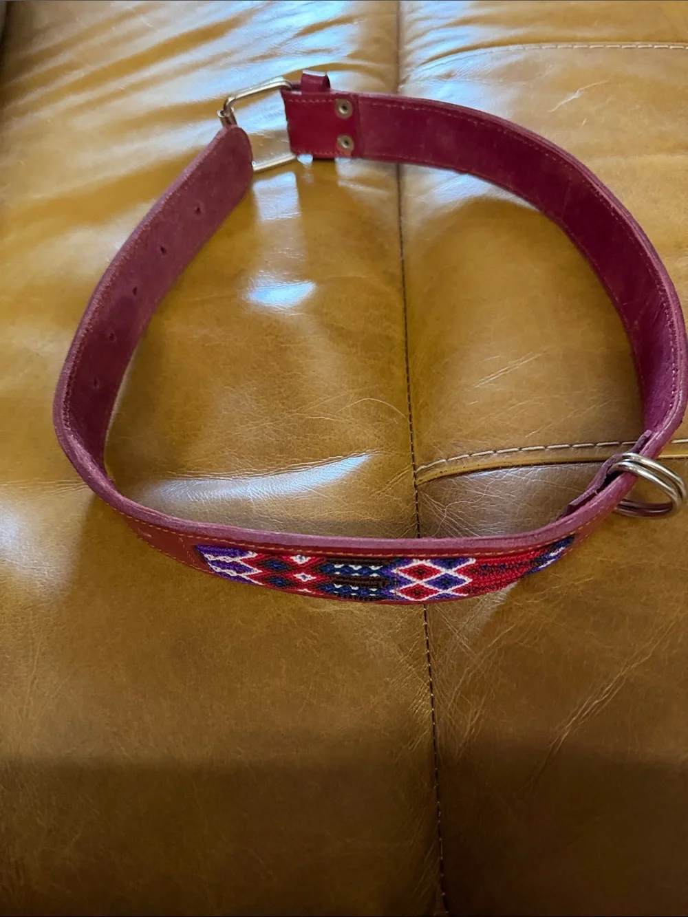 Leather Beaded Belt – Red Embroidered Accent