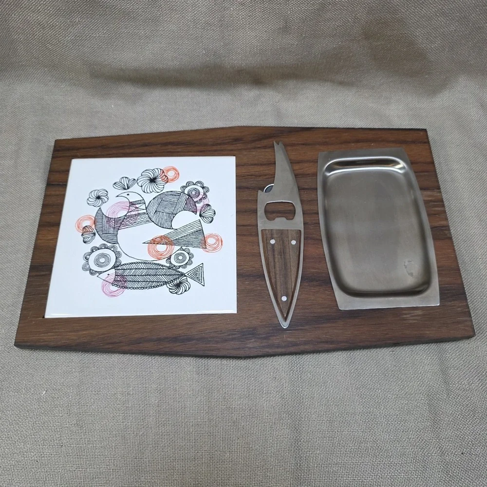 VTG Mid Century Modern Wooden Cheese Board w Knife Birds Floral 60/70s Stainless