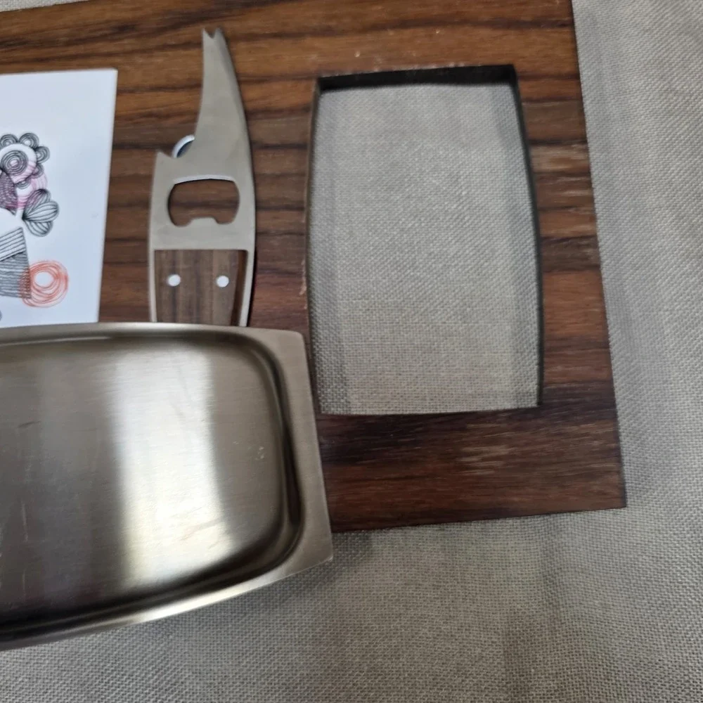 VTG Mid Century Modern Wooden Cheese Board w Knife Birds Floral 60/70s Stainless
