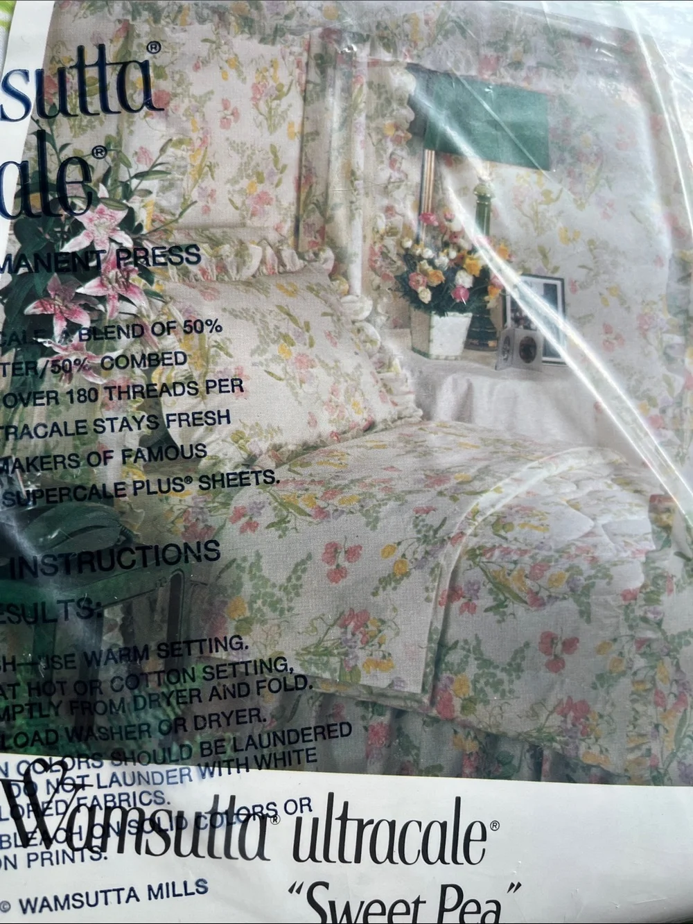 Vtg NIP Wamsutta Floral Sweet Pea No Iron Ultracale Queen Flat Sheet Made USA
