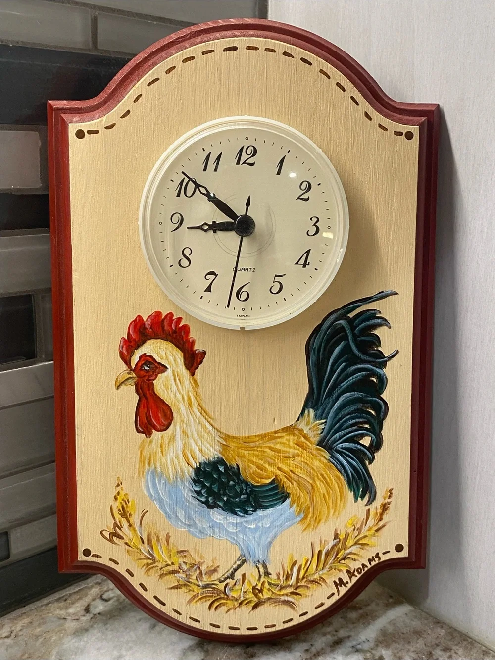 Vtg Hand Painted Wood Rooster Wall Clock Farmhouse Folk Art M. Adams Works