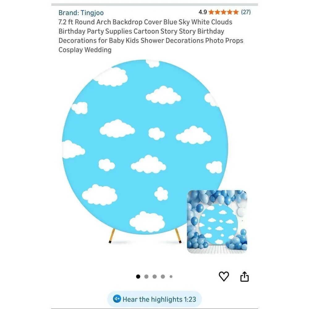 7.2 ft Round Arch Backdrop Cover Blue Sky White Clouds