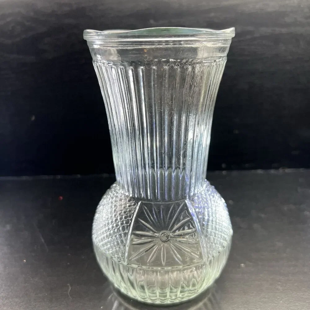 Vintage Clear Pressed Glass 6.5”Flower Vase- Ribbed & Starburst Diamond Design