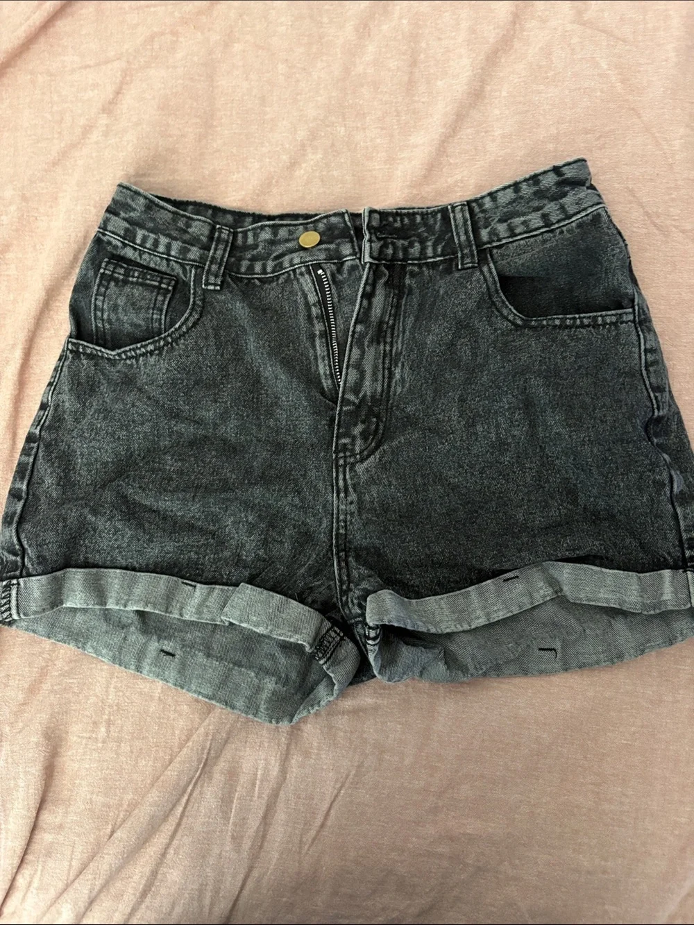 High-Waist Washed Black Denim Shorts