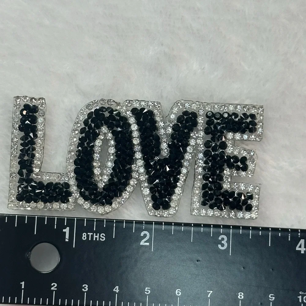 Rhinestone LOVE Patch OS Black Clear Crystal Iron On Applique DIY