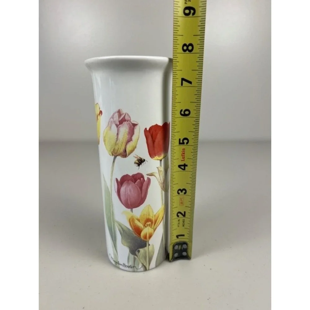 Marjolein Bastin Ceramic Cylinder Vase White Floral Tulips‎ Bee Butterfly 8.25in