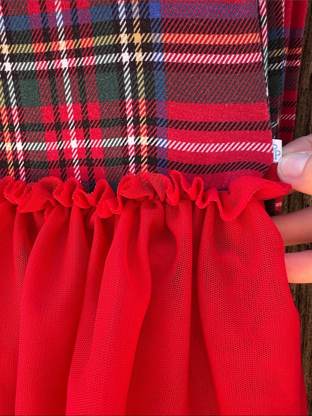 Posh Peanut Red Tartan Plaid Long Sleeve Tulle Dress