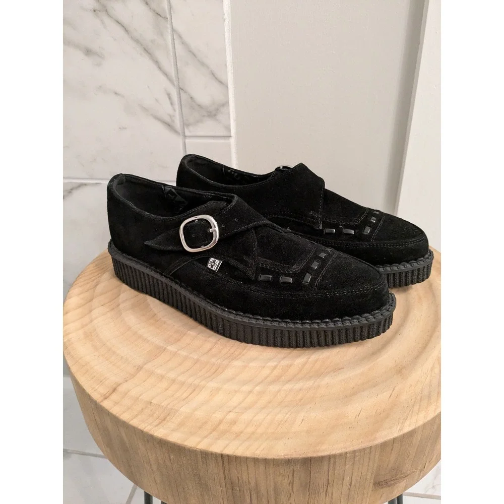 NWOT T.U.K. Black Suede Monk Strap Creepers‎ Platform Shoes Size US 7 EU 40
