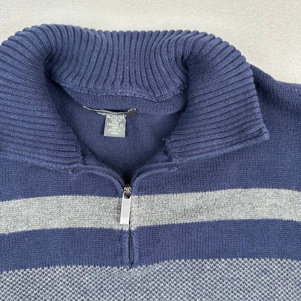 Kenneth Cole Reaction Mens XL Navy Blue Grey Stripe 1/4 Zip Cotton Sweater