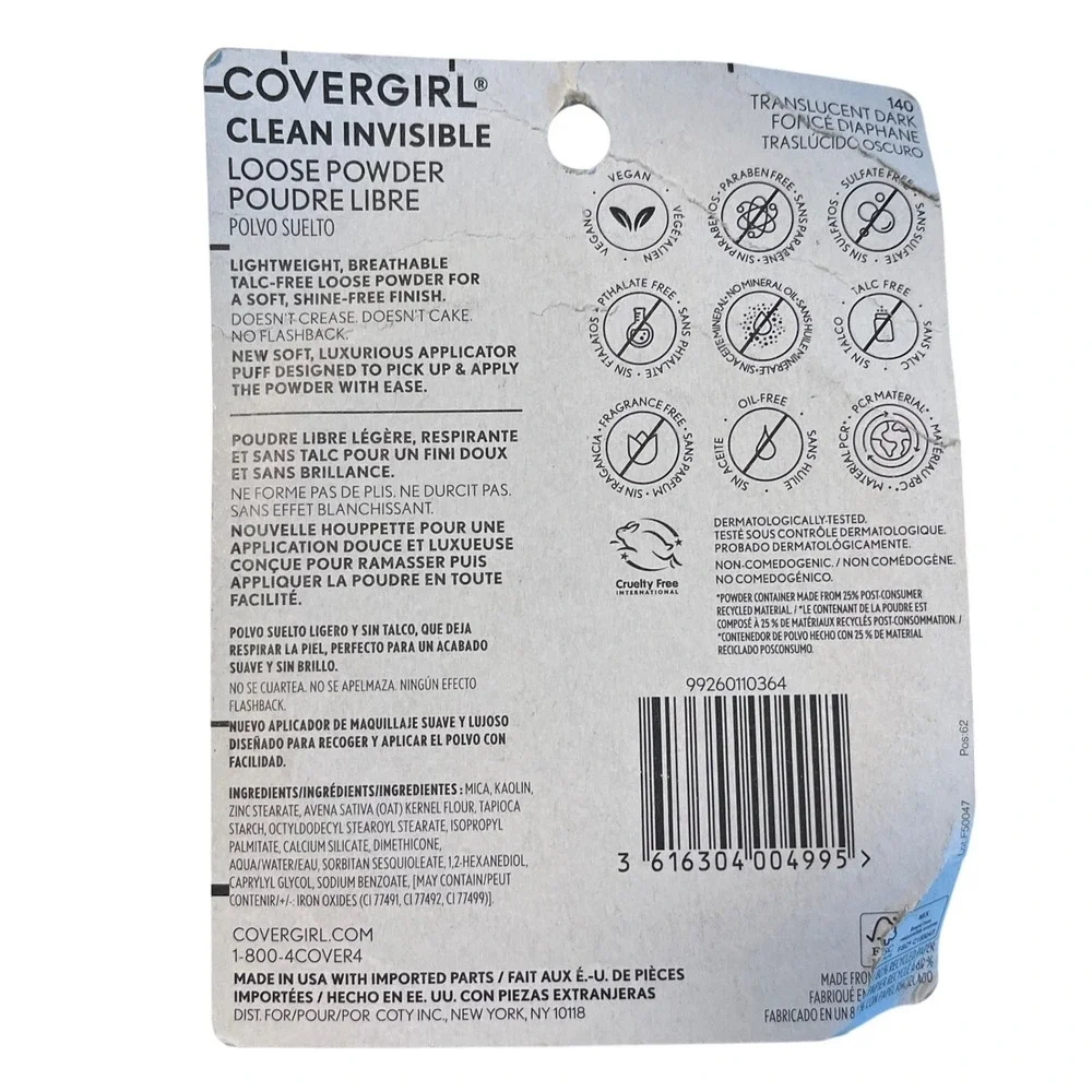 Covergirl Clean Invisible Loose Powder 140 Translucent Dark Talc Free 0.63‎ oz