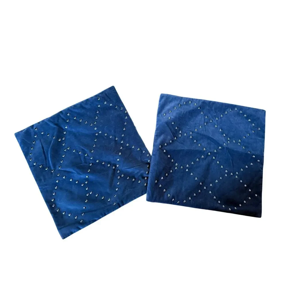 West Elm studded dark blue velour pillow case set 17x17”‎