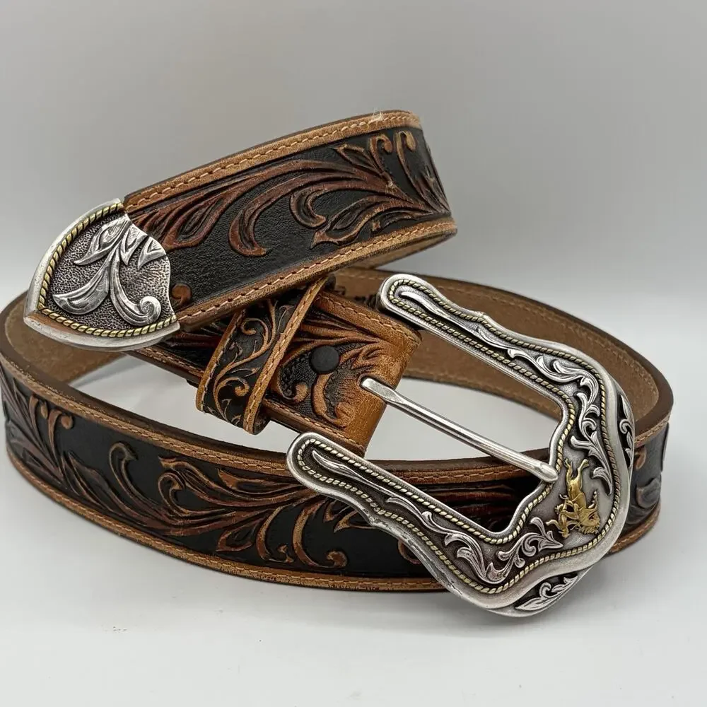Tony Lama Men’s Black Brown Western Leather Belt C41514 Size 38 Buckle Belt Tip