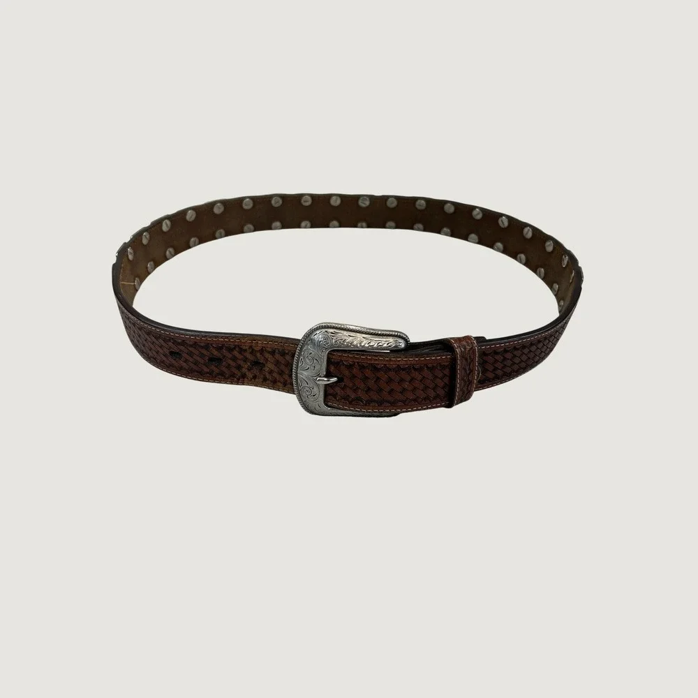 Leather Belt Unisex 34 Brown Handtooled Western Turquoise Concho Silver Buckle