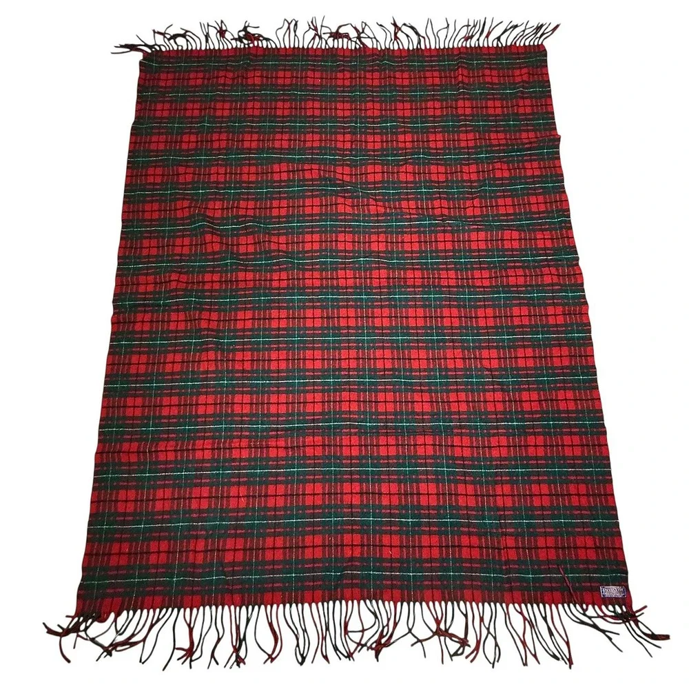 Vintage Pendleton Plaid Wool‎ Blanket Red Green Fringe Throw 100% Virgin Wool